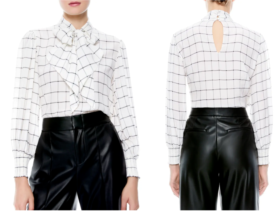 

ALICE + OLIVIA Бело-черная шелковая блузка с оконным стеклом в клетку и завязками на шее, с бантом,  2/4, Multicolor