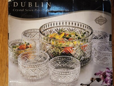 Godinger Dublin Salad Set Crystal Large Serving & 6 Small Matching Bowls *NEW*