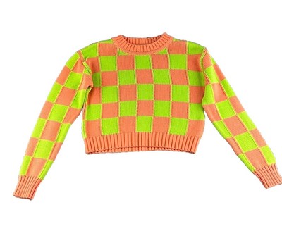 VOX LUX Sweater Womens Size XS Green Orange Checker Cropped Crew Neck