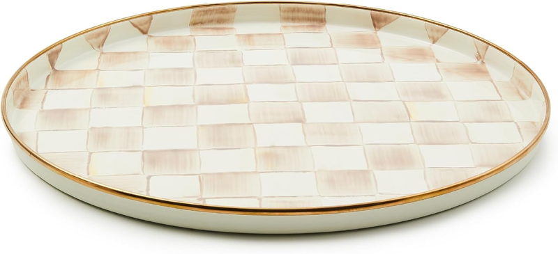 MACKENZIE-CHILDS Enamel Round Tray Mocha & White Courtly Check...