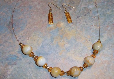 Gold Quartzite Beaded Necklace and  Earrings with Feathers - Handmade