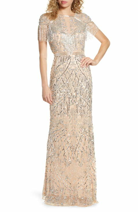 MAC DUGGAL 4715D Платиновое платье с бахромой и v-образным вырезом, расшитое бисером, 16 США