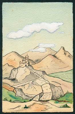 French 1920s ORIGINAL ART Watercolor Pen & Ink MODERN Style Landscape CASTLE