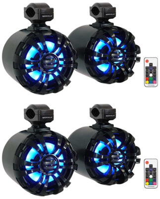 4) Rockville WB65KLED Black 6.5'' 600w LED Marine Wakeboard Swivel Tower Speakers