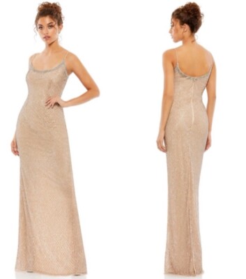 Mac Duggal NWT Beaded Scoop Neck SPAGHETTI STRAP COLUMN DRESS Gown Nude Sz 10