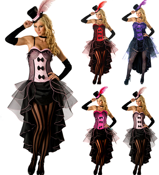Burlesque Moulin Rouge Fancy Dress Costume Can Can Girl Dance Outfit Hat /& Glove