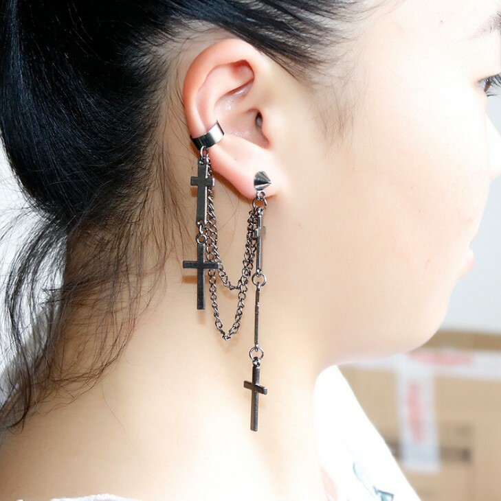 Gothic Punk Cuff Dangle Drop Cross Earrings Long Chain Stud Tassel Earrings P29