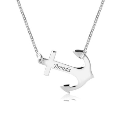 Silver 925 Sideways Anchor Nameplate Necklace-Custom Laser Engraved-ONecklace  