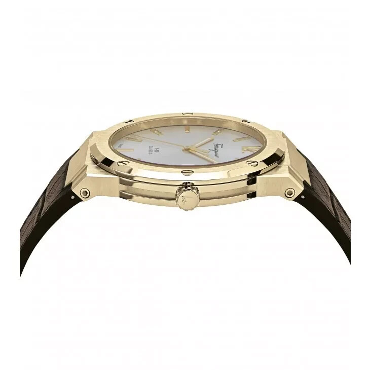 Pre-owned Ferragamo Sfdt00419 F-80 Classic Men's Quartz Watch Steel Gold/white 42mm