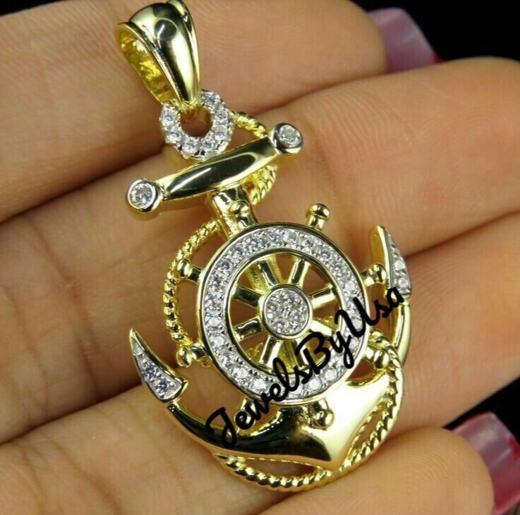 Pre-owned Nsg Mens D/vvs Moissanite Ship Anchor Charm Pendant 2.15ct Yellow Gold Plated Silver In White