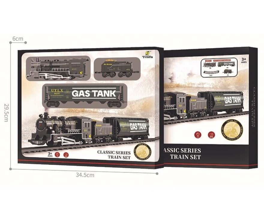 Retro Railroad Train Set with Sound Light Steam Train Locomotive Gas Tank Round