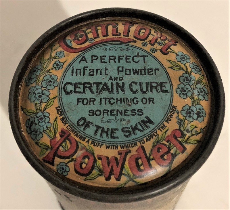 1890'S ANTIQUE ADVERTISING TIN LITHO COMFORT TALCUM POWDER TIN CAN BABY CHILD NR