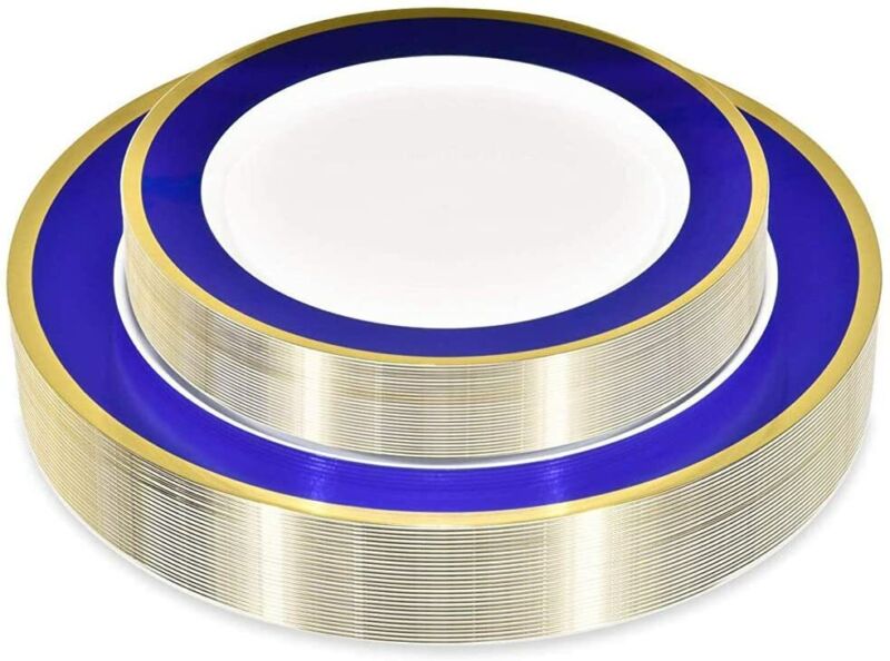 Stock Your Home 50 Disposable Plastic Plates (Blue and Gold)