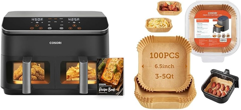 Dual Basket Air Fryer 9 Qt, Large and Wider Double Airfryer, 8-In-1, Sync Cook & Air Fryer Liners, 100 PCS Square Disposable Paper Liners, Non-Stick Silicone Oil Coating