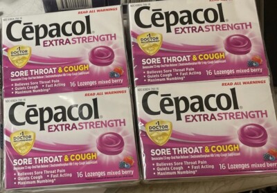 FOUR 16ct Cepacol EXTRA STRENGTH Sore Throat Cough Lozenges Mixed Berry Exp 3/24