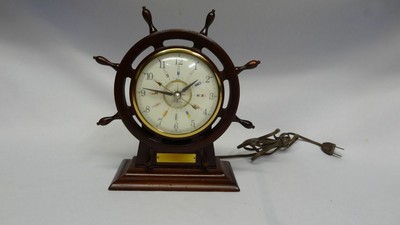 Sessions Wood Brass Ships Wheel Military Time Seven Seas Nautical Mantle Clock