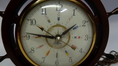 Sessions Wood Brass Ships Wheel Military Time Seven Seas Nautical Mantle Clock