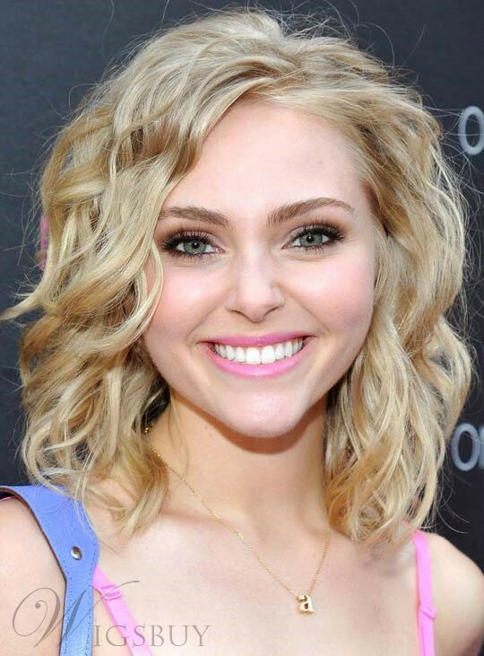 Rihanna Blond Medium Curly Hair With Full Bangs Capless Cap Wigs