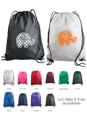 ELEPHANT MONOGRAMMED NAME PERSONALIZED DRAWSTRING BACKPACK NYLON GIFT BAG TOTE