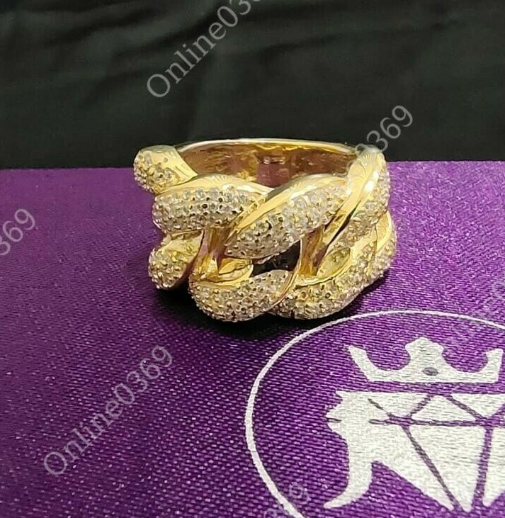 Pre-owned Online0369 1.85 Ct Round Cubic Zirconia Men's Cuban Link Ring Silver 14k Yellow Gold Plated In White