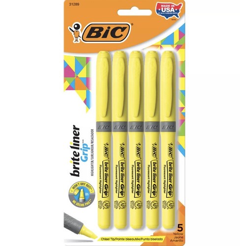 BIC Brite Liner Grip Highlighter, Yellow, 5-Pack NEW Free Shipping