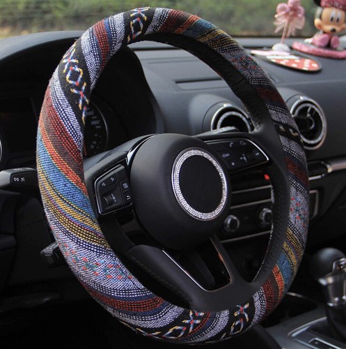 Boho Style Steering Wheel Cover AntiSlip Colorful Pattern Universal Hippie Cloth