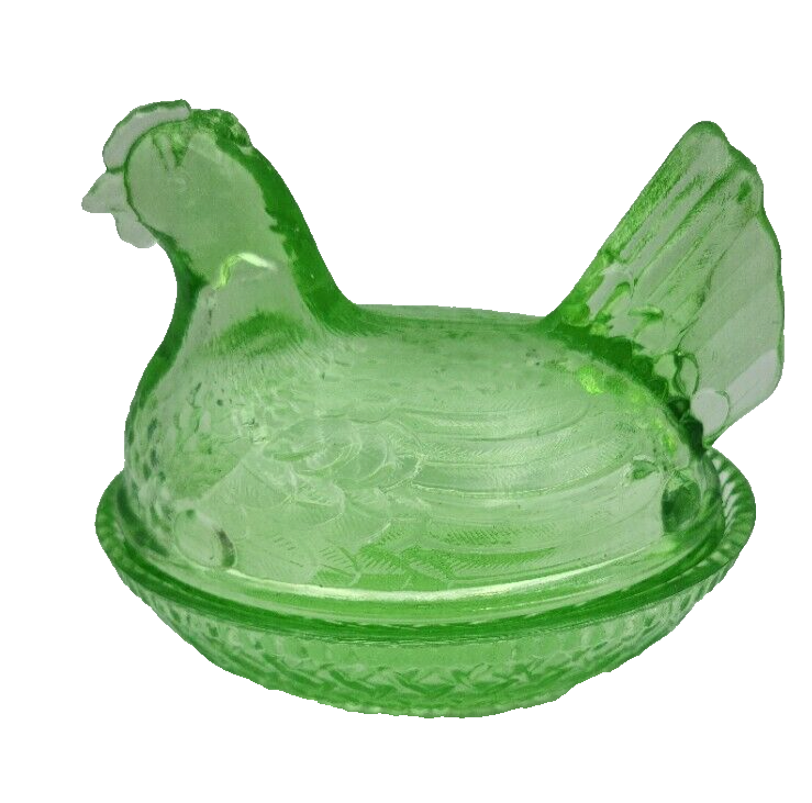 Wilkerson Art Deco Trinket Key Lime Hen Chicken Glow Glass On Basket 3.25" Wide