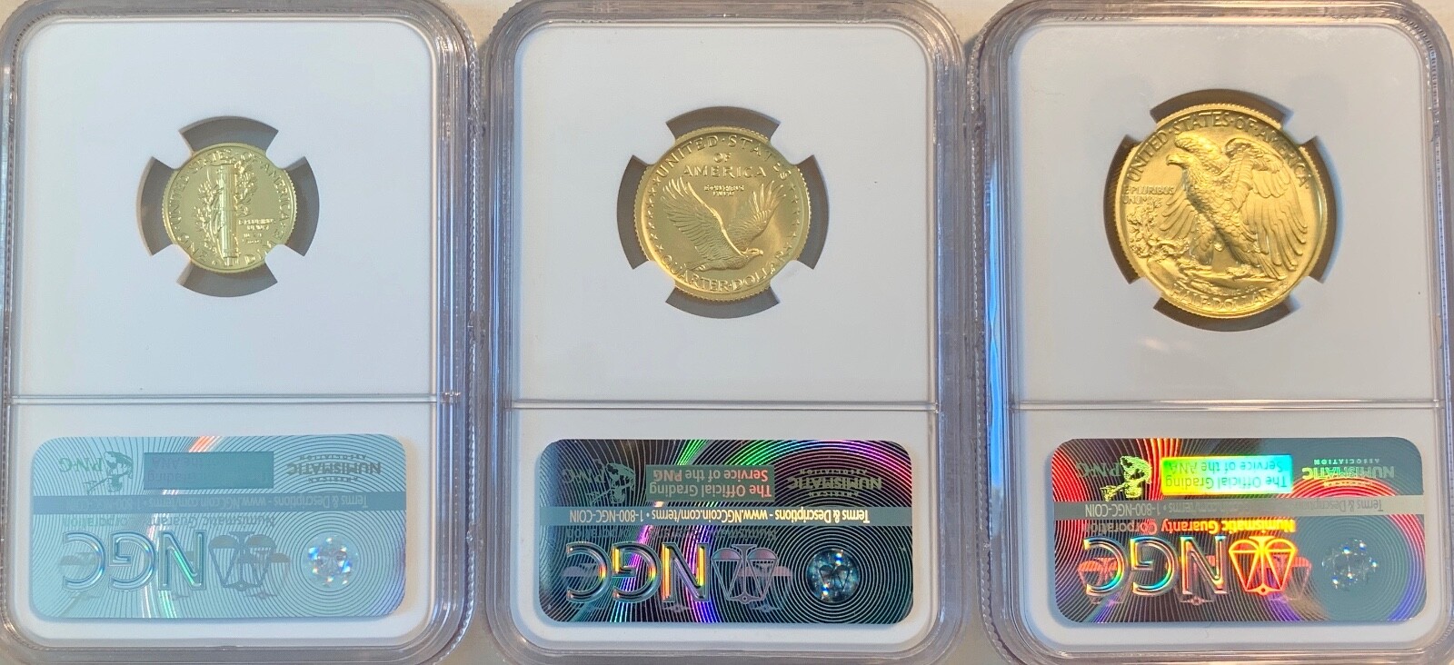 2016 W Gold 100th SP70 Dime, Quarter, Half 3-coin set ER w OGP for each