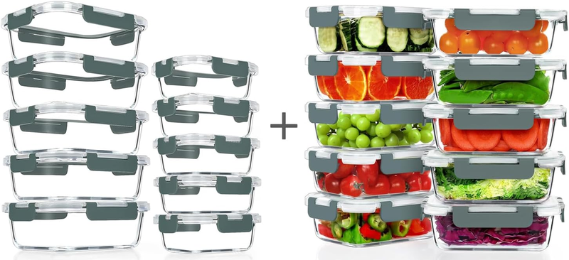 10 Pack Glass Containers Set and 10 Pack 22OZ Glass Meal Prep Containers,Stackable Glass Food Storage Containers Set with Lids,Bpa-Free, for Microwave, Oven, Freezer & Dishwasher Friendly,Grey