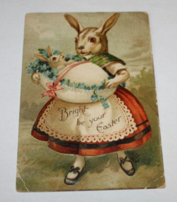 Antique Embossed Easter Post Card - Dressed Mom Rabbit Carries Baby Bunny