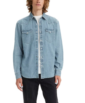 Мужская светло-голубая джинсовая рубашка Levis из хлопка стандартного кроя в западном стиле с застежкой на пуговицы
