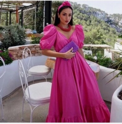 ZARA SS2022 DARK FUCHSIA PUFF SLEEVE VOLUMINOUS MIDI DRESS SIZE MEDIUM  3067/331