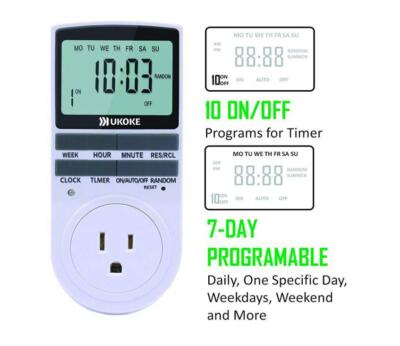 Ukoke 7-Day Digital Electrical Programmable Timer Outlet Switch Plug, Pack of 2