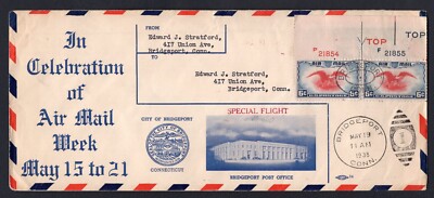 USA Bridgeport Ct 1938 Airmail Week Special Flight Cover. Plate Numbers
