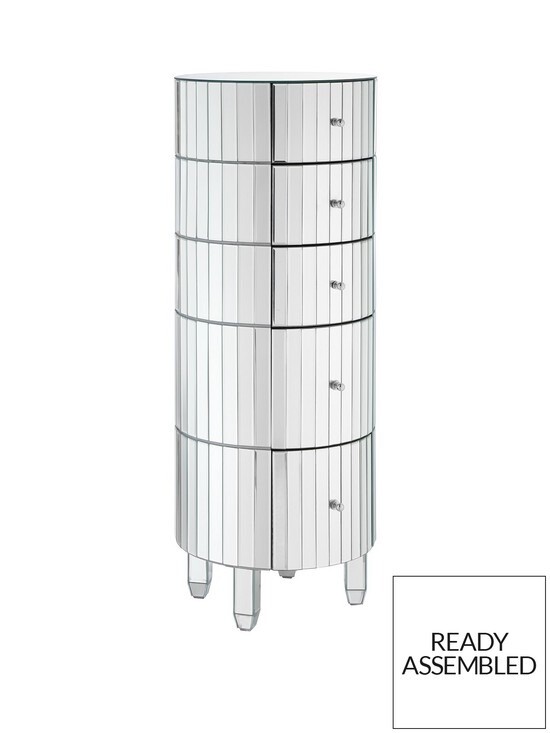 Phoebe Ready Assembled Round 5 Drawer Mirrored Chest Rrp