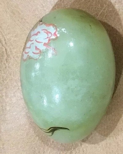 Vintage Asian Green Stone Egg Hand Painted Wizard Holding Cane