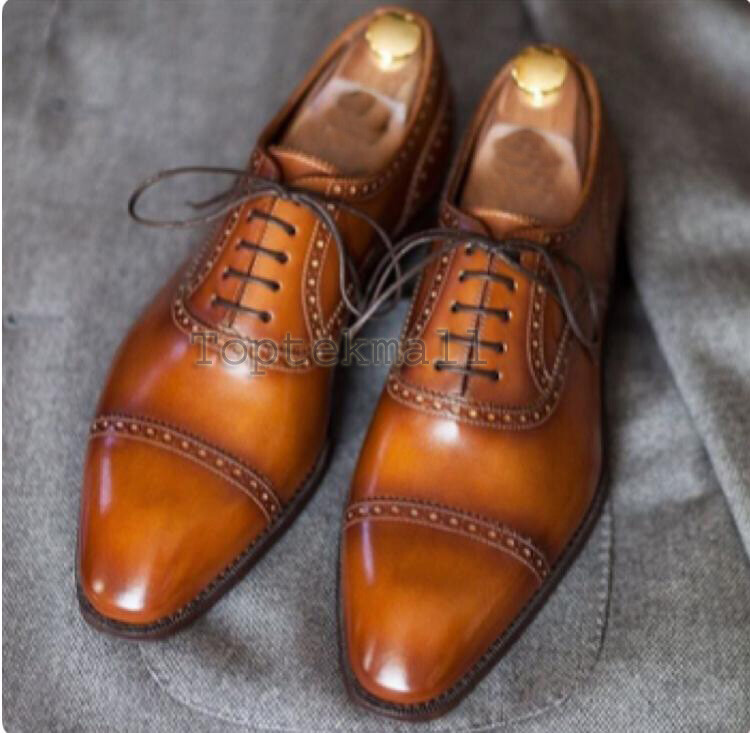 Pre-owned Handmade Men's Leather Oxfords Tan Lace Up Party Wear Wingtip Brogues Shoes-738 In Brown