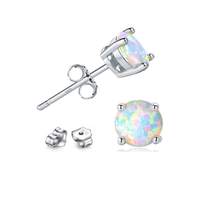 Round White Fire Opal 925 Sterling silver stud post earrings 6mm Gift Box PE19
