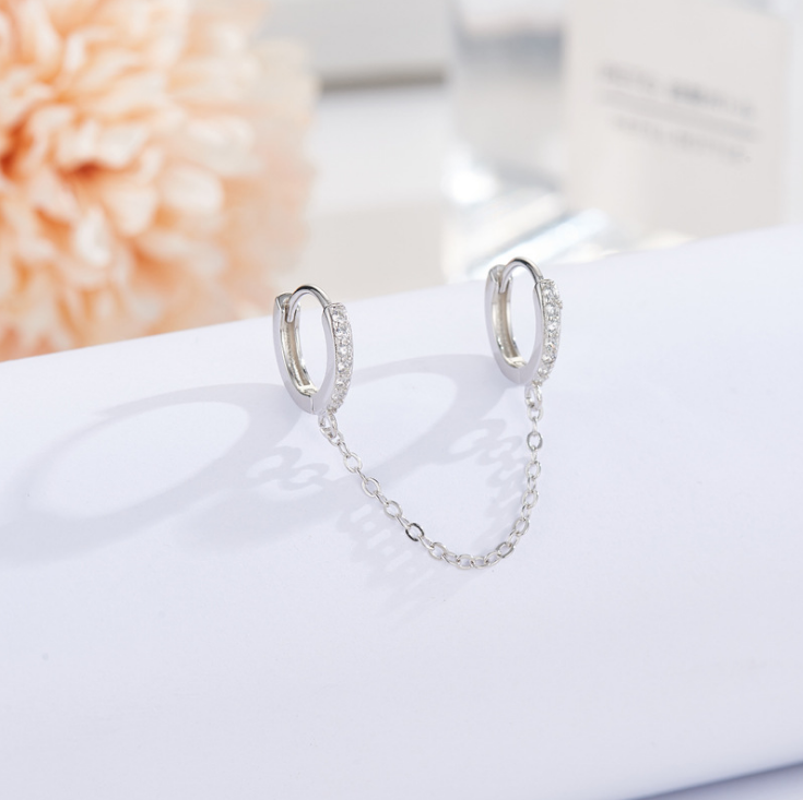 Sterling Silver CZ Double Huggie Hoop Chain Linked Earrings for 2 Ear Holes PE60