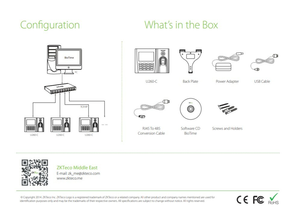 Zkteco U260 fingerprint biometric time clock, support of cards and codecs, ADMS