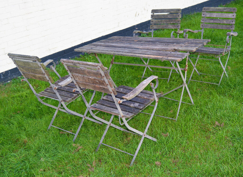 Set Table And Metal Folding Chairs Vintage Garden Patio Slatted