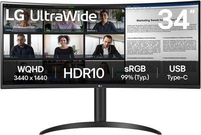 LG Monitor 34 inch Curved UltraWide VA Monitor USB-C HDMI Displayport 5ms 100Hz