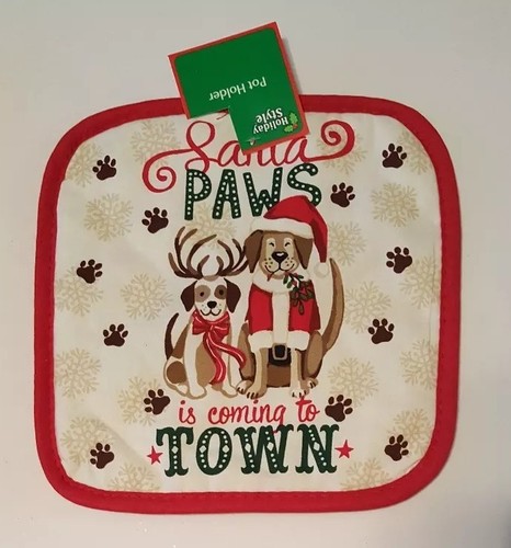 Christmas Kitchen Towel Oven Mitt Pot Holder 3 Pc Set Dogs Santa Paws Red New