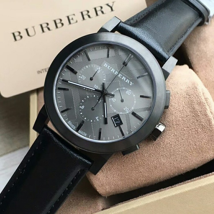 Pre-owned Burberry Bu9364 Men's Dark Grey Dial Leather Chronograph Quartz Watch 42mm