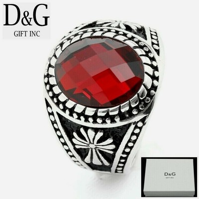 DG Men's Stainless Steel Oval Red CZ.CROSS Ring High Polish #8 9,10,11,12 13,BOX