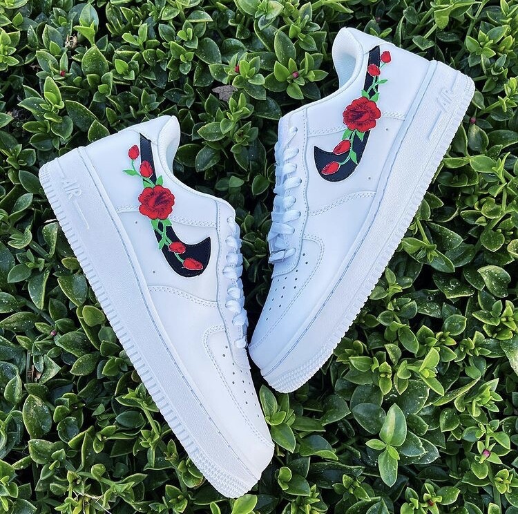 Pre-owned Nike Air Force 1 Red Rose Custom Low Floral White Black Shoes Mens Womens Kids