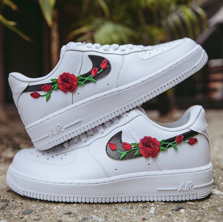 Pre-owned Nike Air Force 1 Red Rose Custom Low Floral White Black Shoes Mens Womens Kids