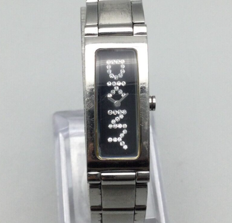 DKNY Watch Women Silver Tone Rectangle Bling Crystal Black Leather Band 6.25