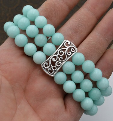 3 row Women/'s Natural 8mm Peridot jade Beads Stretch Tibetan silver Bracelet