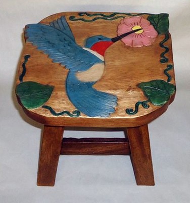 HUMMINGBIRD AND FLOWER WOOD FOOTSTOOL - HUMMINGBIRD FOOT STOOL